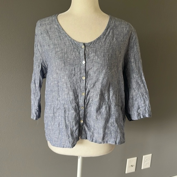 Sigrid Olsen 100% Linen Button Up 3/4 Sleeve Oversized Blouse Chambray Blue - Picture 1 of 11